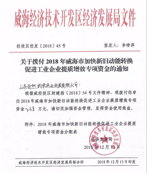 安然又荣获“山东省新旧动能换2018年度威海市智能化工厂”荣誉称号